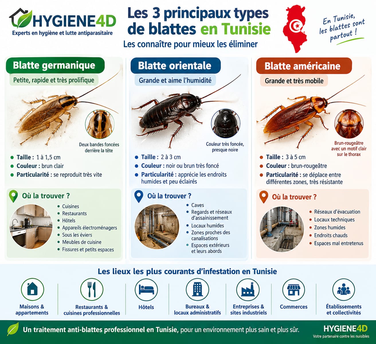 Comparaison des types de cafards en Tunisie : germanique, oriental, américain et à bandes brunes